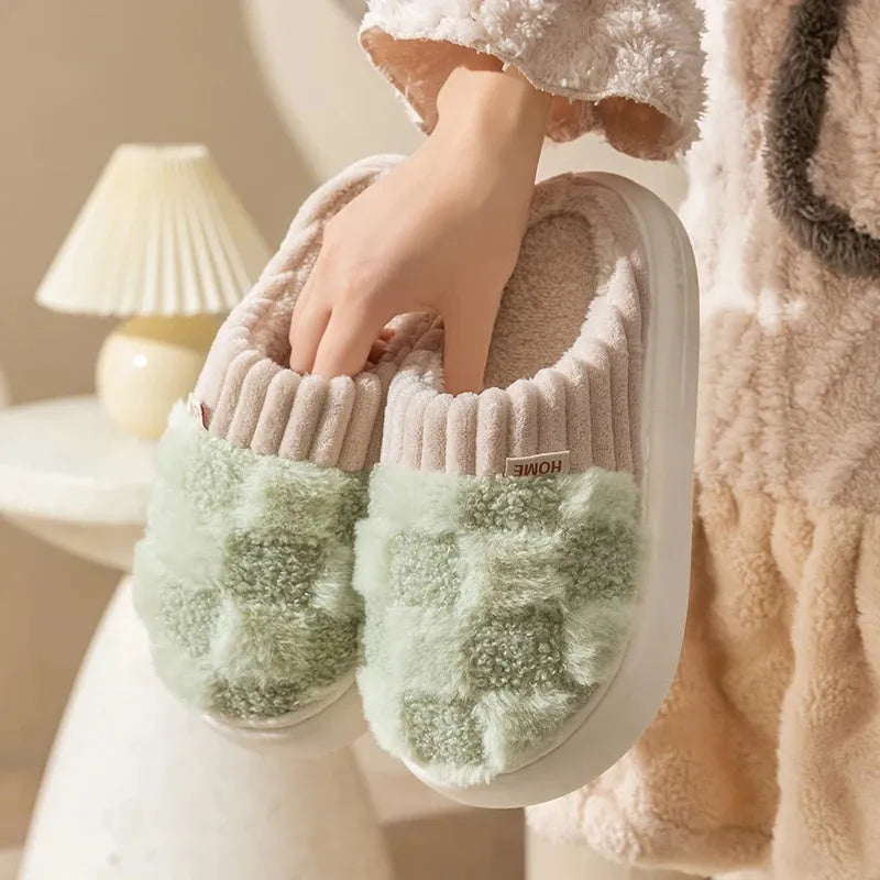 Women's plush indoor slippers in grey with round toe, non-slip PVC sole, and coral velvet upper.