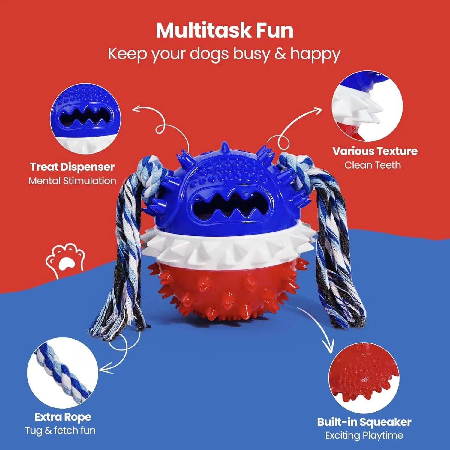 Blue and red squeaky dog toy with treat dispenser and textured surface for aggressive chewers