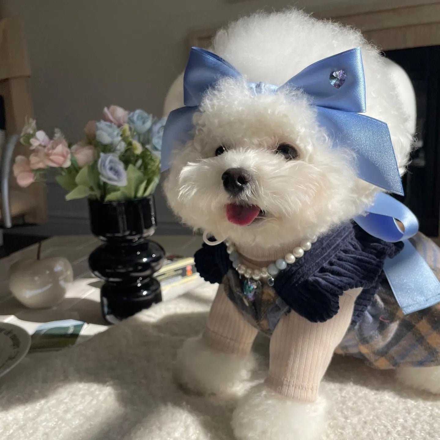 Princess style dog hair band with adjustable bow on polyester cotton ribbon
