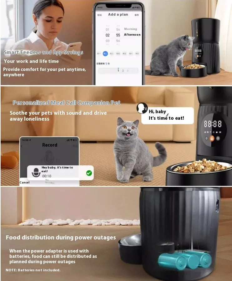 Black and white intelligent pet feeder with automatic timing and remote feeding functions