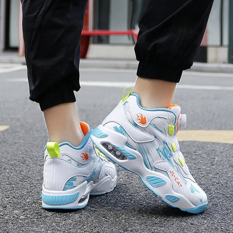 Colour options of kids' rotating button basketball shoes with synthetic leather upper