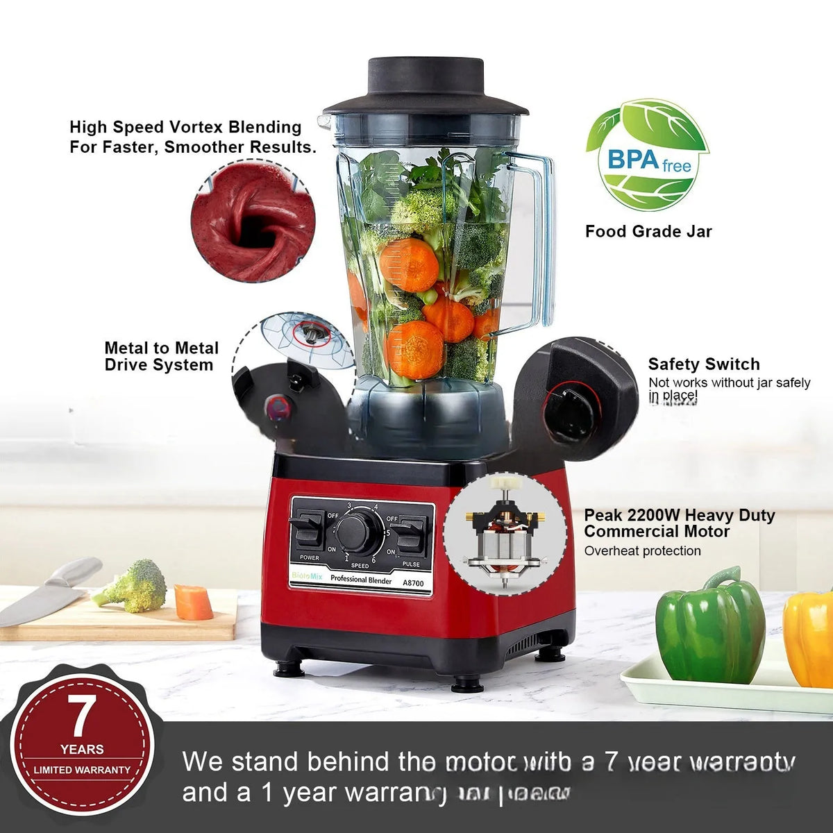 Red A8700 model commercial blender with 2200W motor and 2L capacity jar