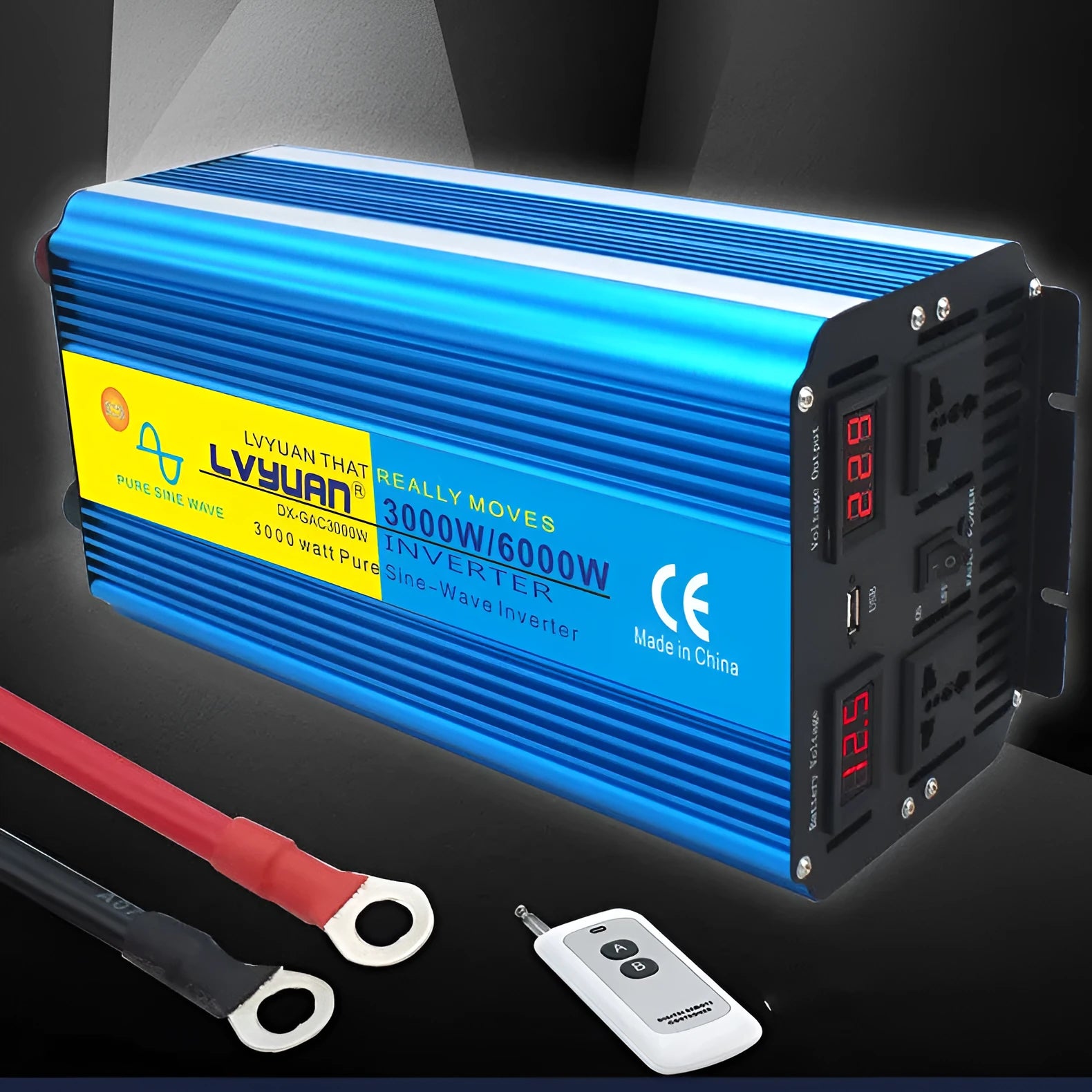 Blue 3000W pure sine wave power inverter with digital displays and remote control for car 12V to 220V conversion