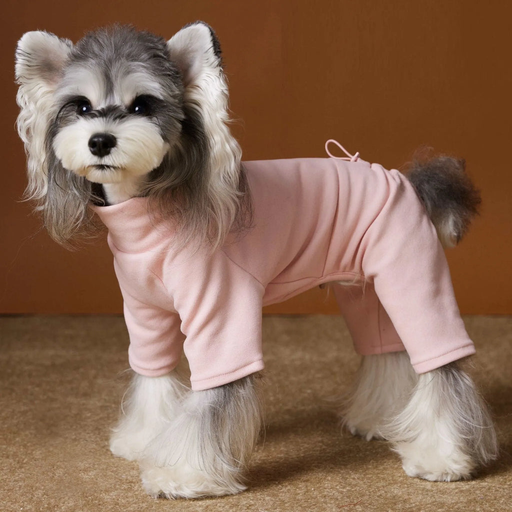 Four-leg polyester pet shirt for Schnauzer and Bichon in blue or pink, sizes XS to XXL