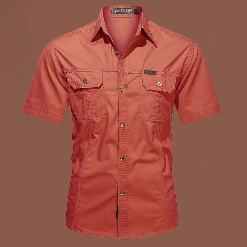 Men's cotton short sleeve work shirt in loose fit with non-iron treatment shown in multiple colour options