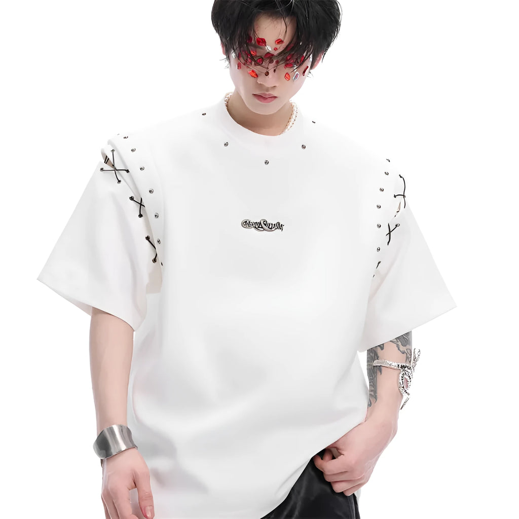Black short sleeve t-shirt with side lace-up cutout detail on white background
