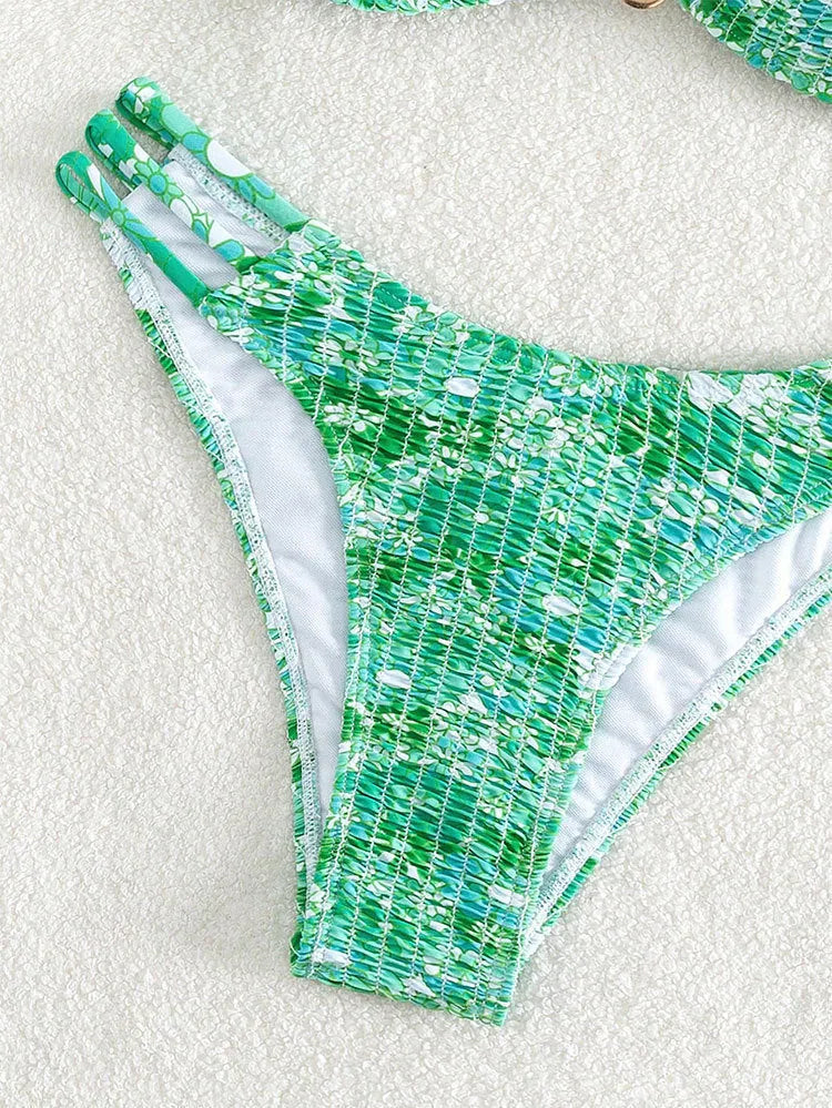 Women's floral bikini swimsuit set with high waist briefs in solid orange, blue, or rose red.