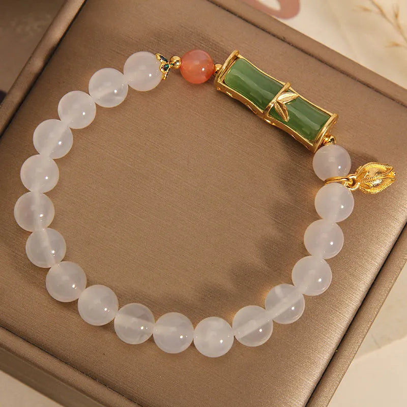 White agate jasper Chinese bamboo beaded bracelet with natural jade construction for women