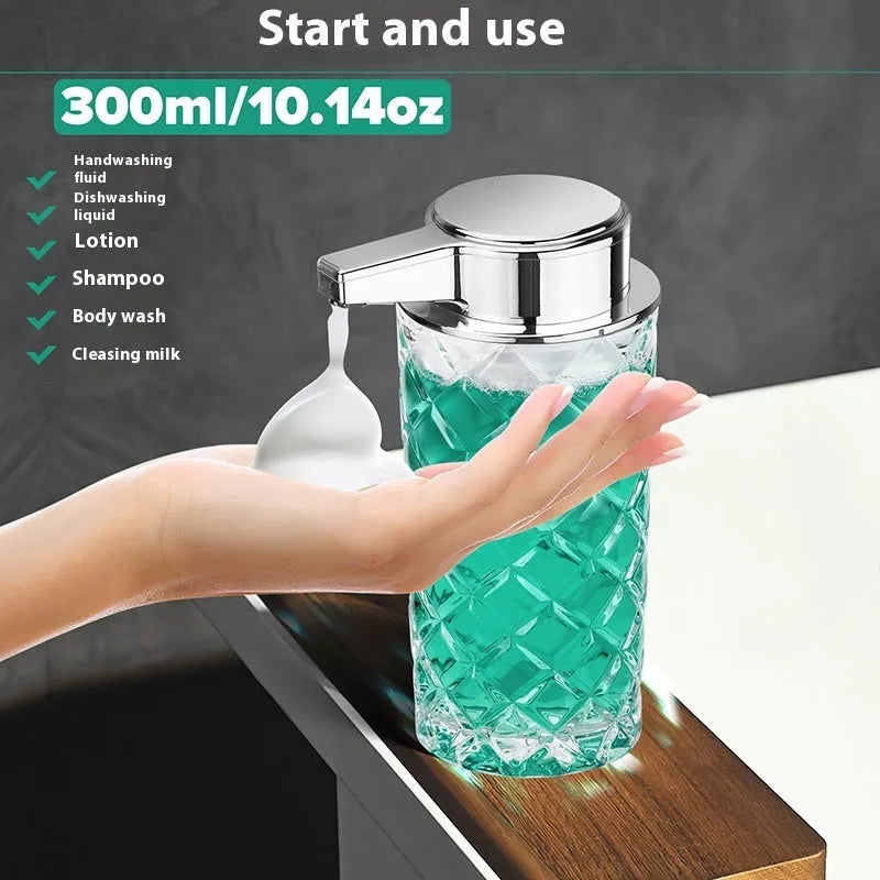 Automatic touchless soap dispenser with silver-plated PET plastic shell and USB-C charging port.