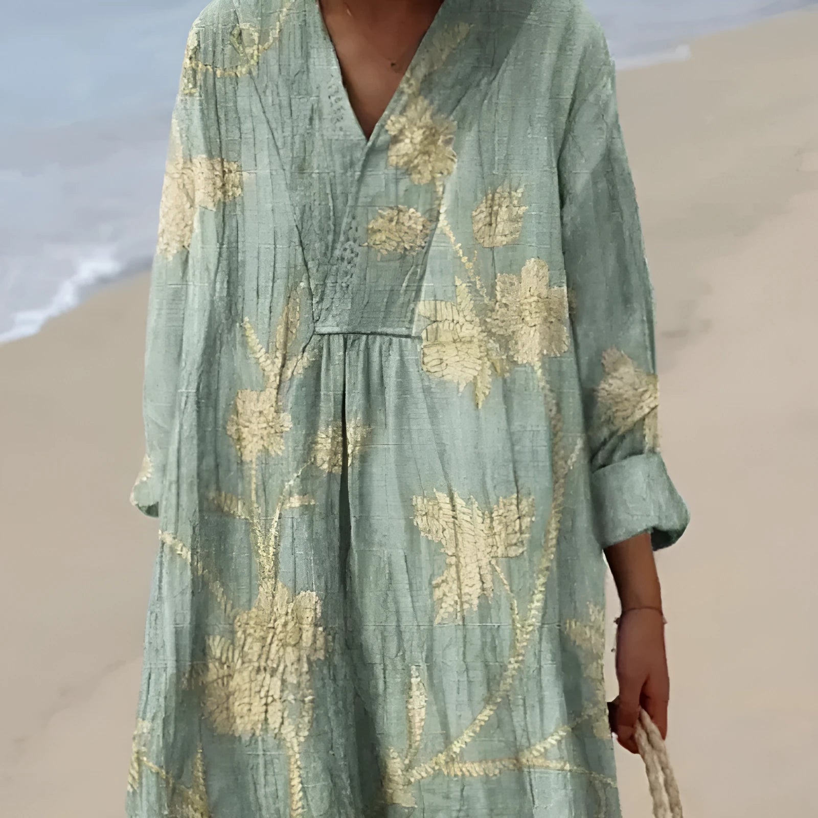 Women's long sleeve floral 3D print dress with wide waist on a model
