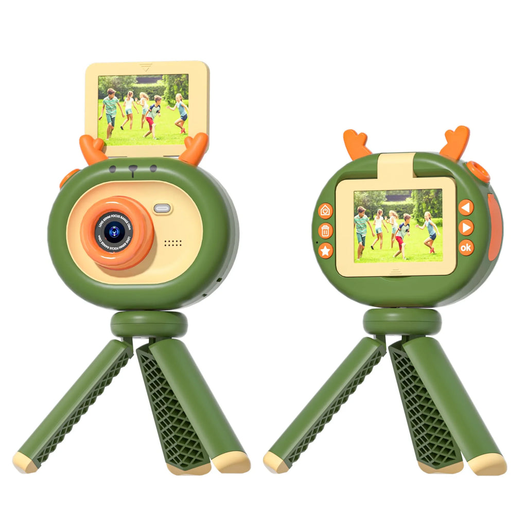 Purple and dark green children's digital camera with flip screen, silicone case lanyard, and accessories