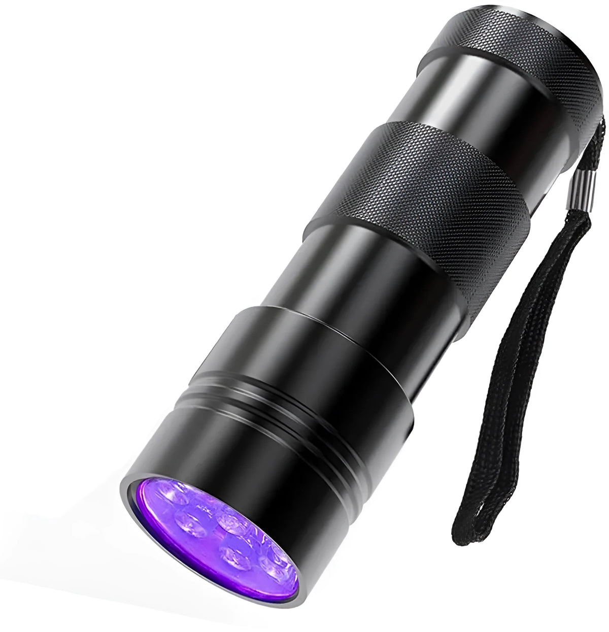 Black aluminium UV flashlight with tail switch, 9.8 cm long, for detecting stains and pests.
