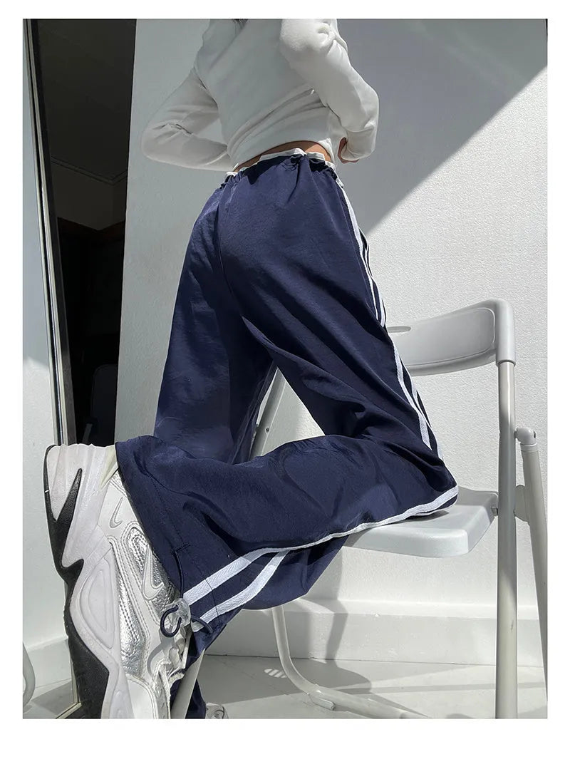 Women's ribbon contrast loose straight trousers in navy blue with low-waist fit and thin fabric