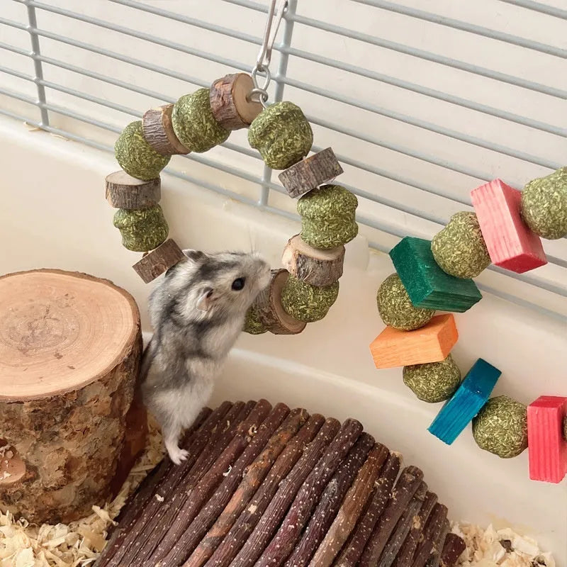 Hamster chew toy with Applewood rod and decorative straw ball ring for small animals
