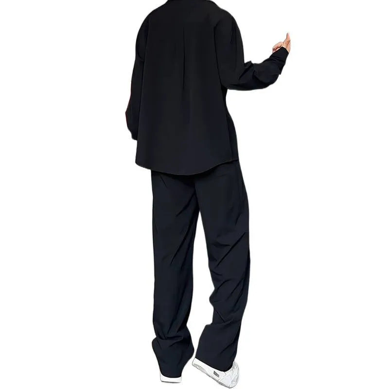Men's black slim fit hemp polo shirt and trousers two-piece casual set