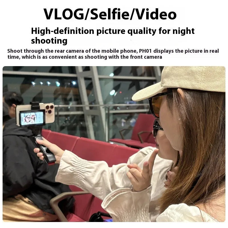 Mobile phone selfie mirror display screen with magnetic suction phone clip, Bluetooth remote control, storage bag, and charging cable.