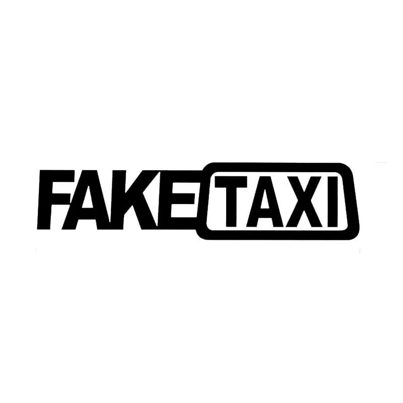 Yellow Fake Taxi waterproof car sticker on a vehicle window, showing 20cm by 8cm size.