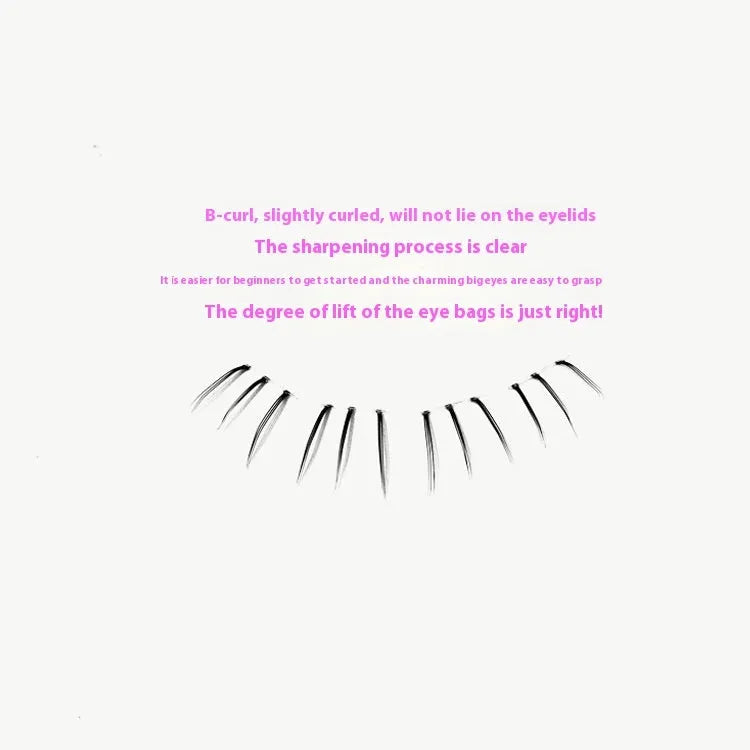 12-row segmented false eyelashes in 4mm, 5mm, and 6mm lengths for a natural long, kitten's paw lower lash look.