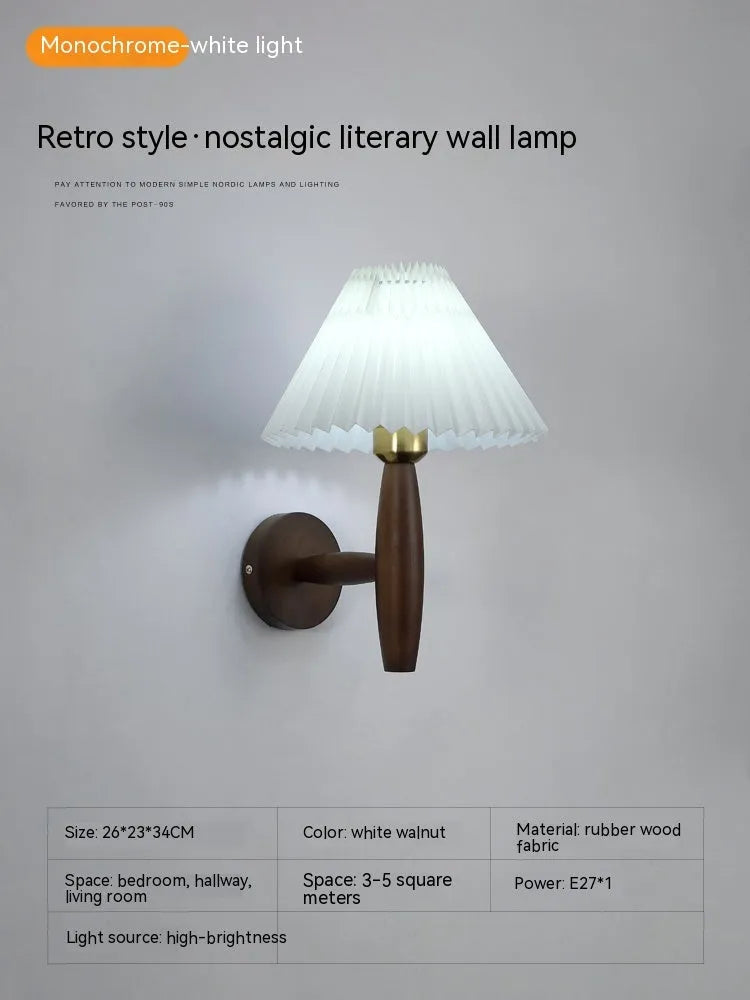 Retro wooden wall lamp with fabric shade in walnut or copper finish for bedside or living room