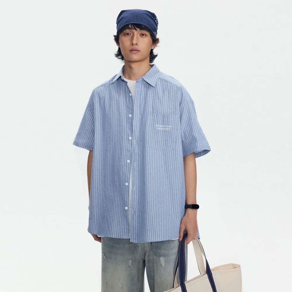Blue striped short-sleeve shirt with loose cardigan style for casual wear