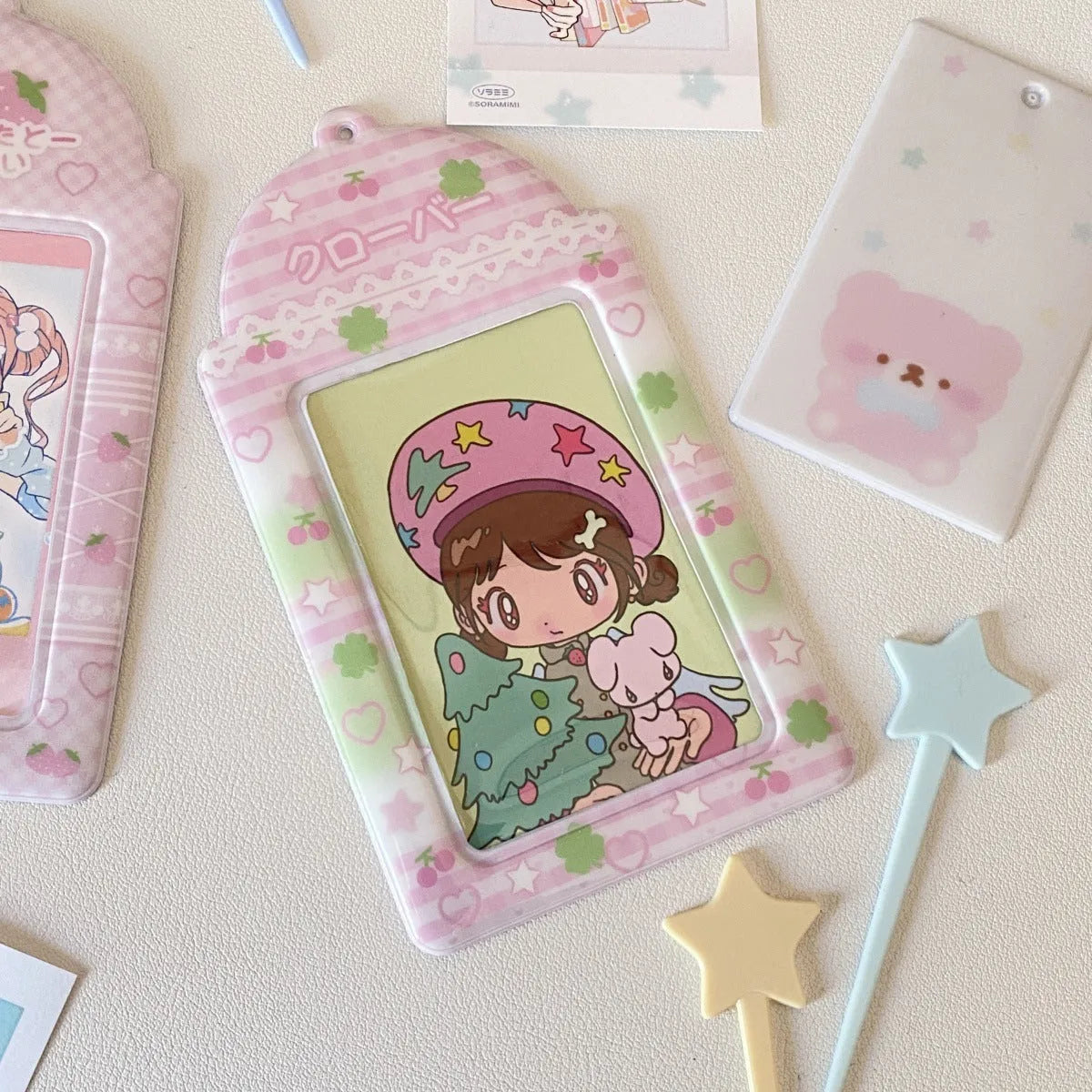 Plaid cartoon strawberry design PVC card holder pendant showing 7.6 by 13.6 cm sleeve