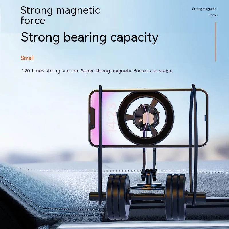 All-metal magnetic car phone holder mounted on dashboard with phone attached, showing 360-degree rotation capability