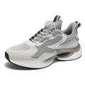 Men's white running shoes with rotating buckle closure and Fly-knit mesh upper