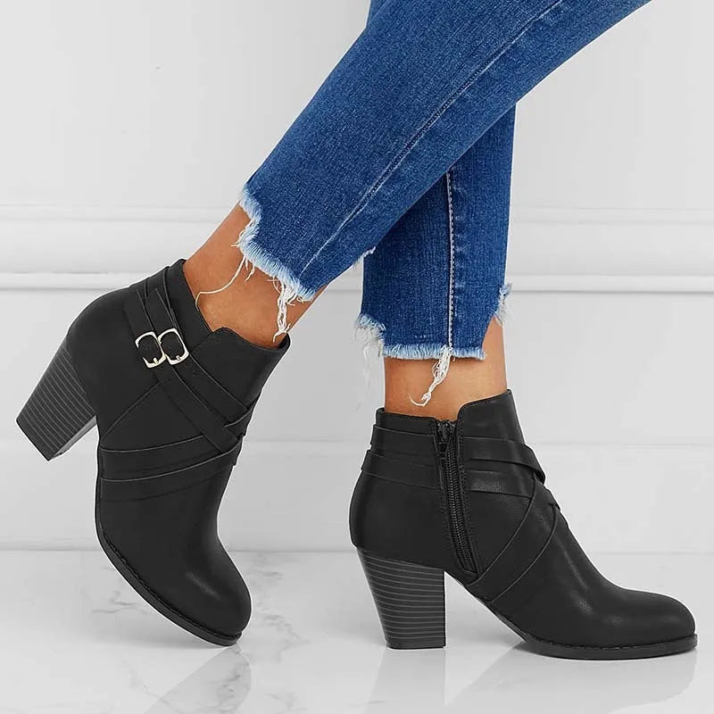 Plus size short boots with a 7cm heel, side zipper, and belt buckle in grey.