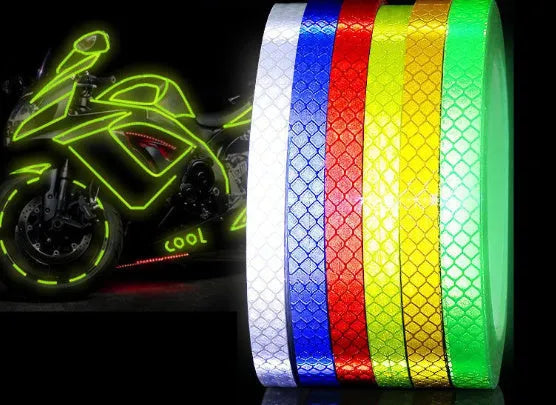 8 metre roll of 10mm reflective warning tape in grass green, orange, red, or white for motorcycle and car anti-collision marking