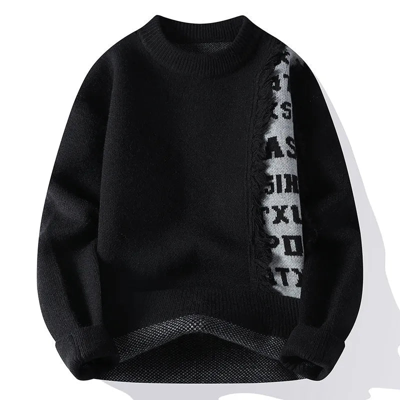 Men's loose fit knitted pullover with ribbed hemline in polyester and rabbit fur blend