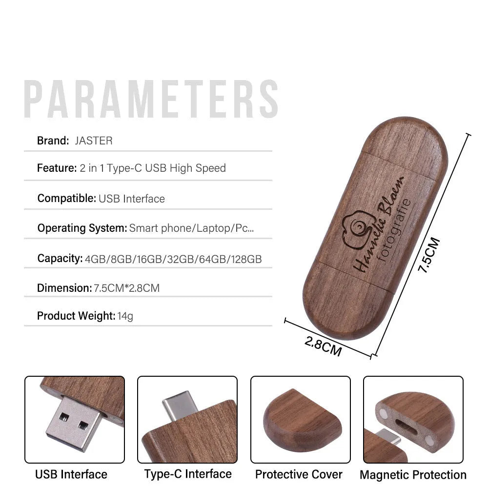 Maple wooden flash drive with USB and TYPE-C connectors on a wooden surface.