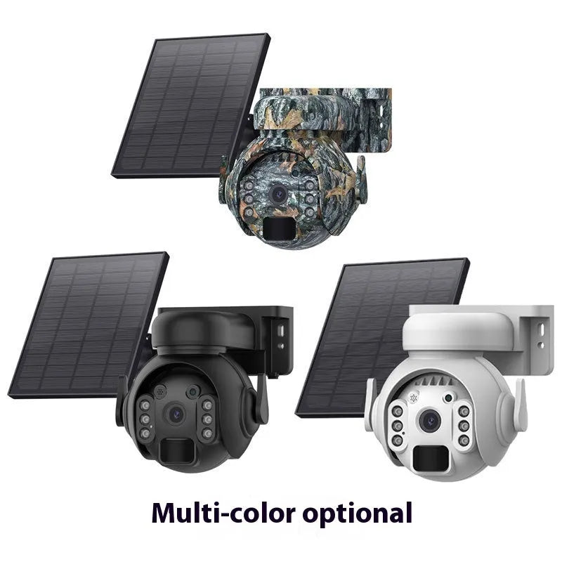 Outdoor solar-powered security camera in camouflage colour with integrated solar panel on top.