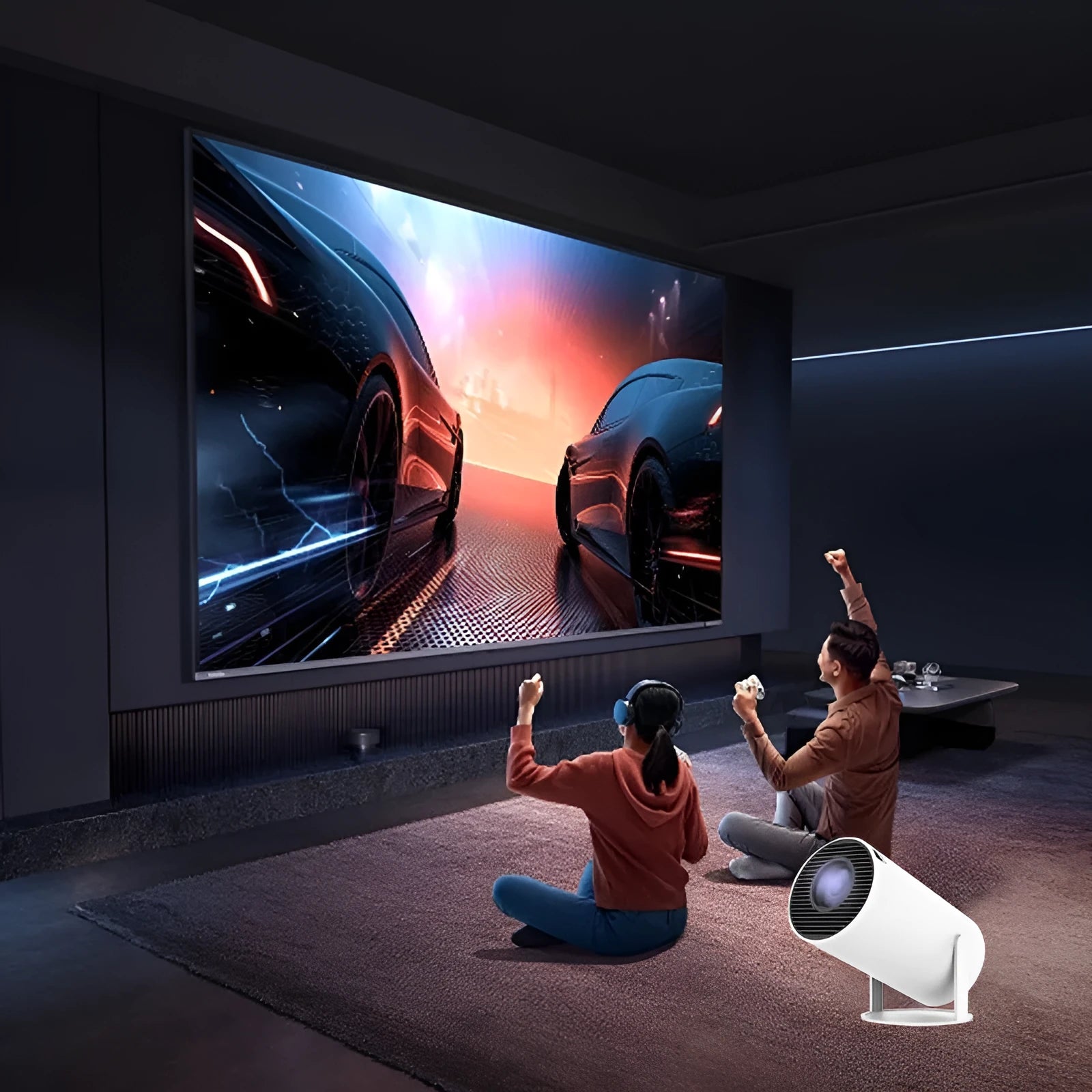 White X10 PLUS portable smart projector with gamepad and remote control on table