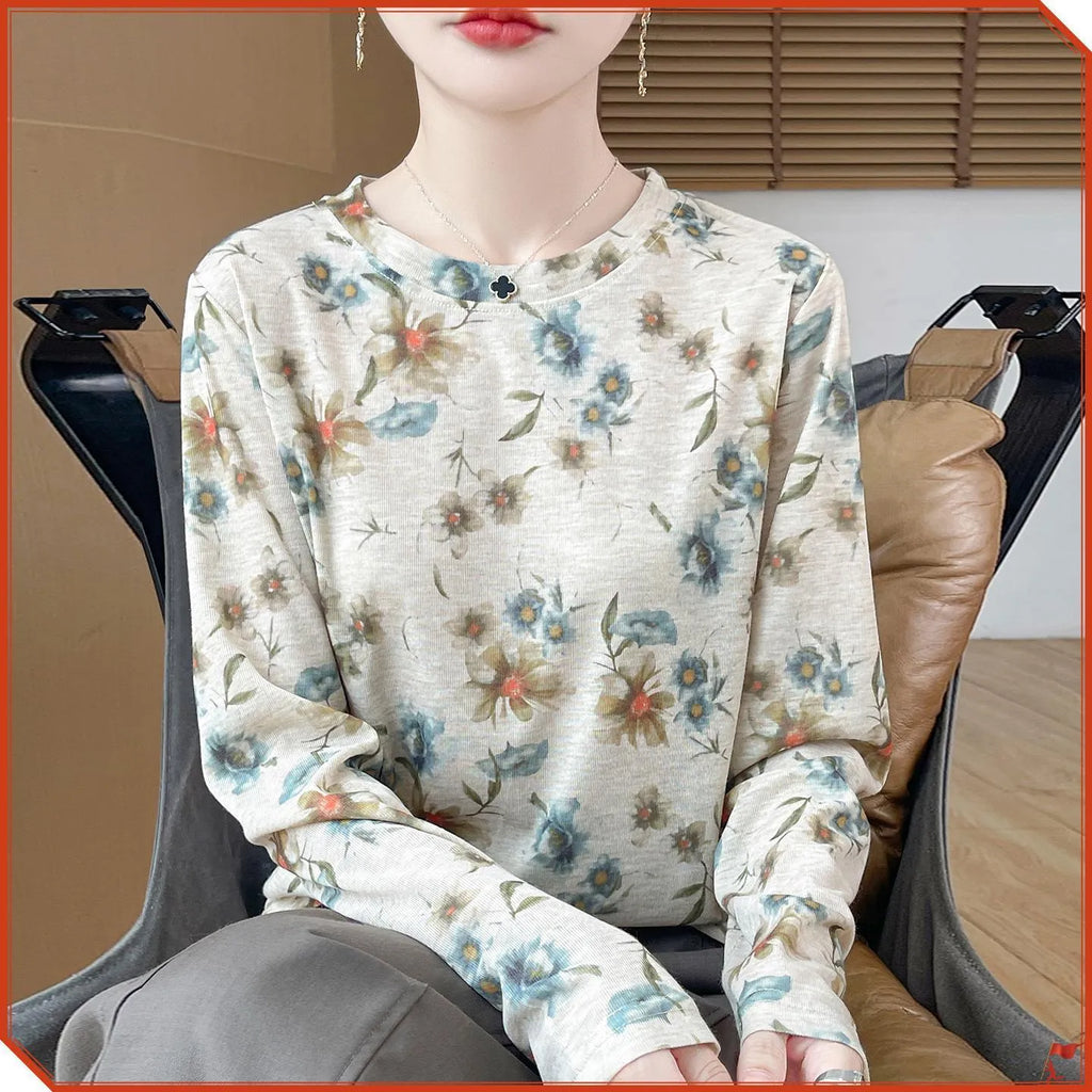 Round neck Tencel Cotton pullover shirt with a printed floral design, shown in a basic silhouette with regular sleeves.