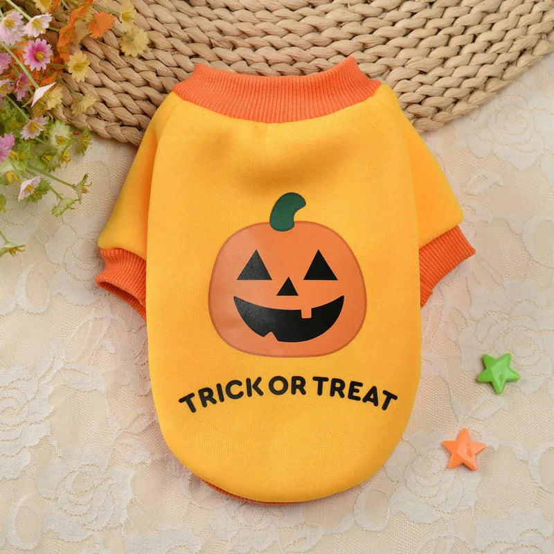 Halloween pumpkin skull pet sweater for small dogs, polyester cartoon jumper in yellow black purple, sizes XS to XL