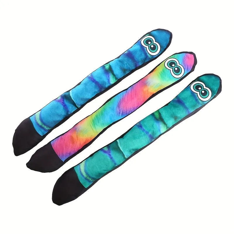 Snake-shaped striped plush dog squeak toy in multicolour, blue, green, and rainbow options.