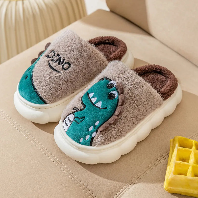 Cotton plush couple slippers in dinosaur colours with thickening construction for indoor warmth