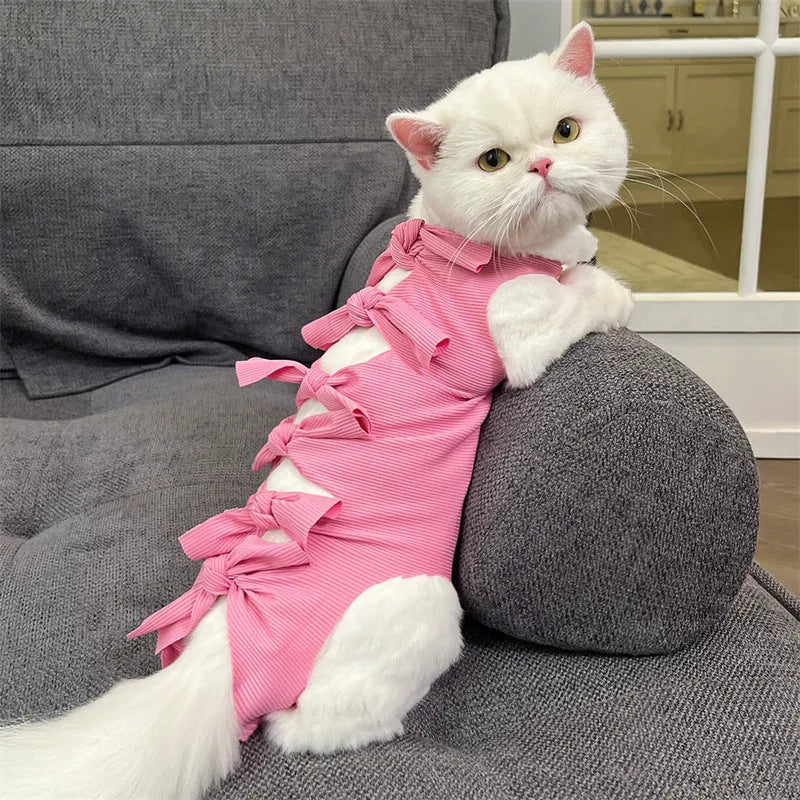 Lace-up cat sterilisation recovery garment in blue, showing adjustable ties and full torso coverage.