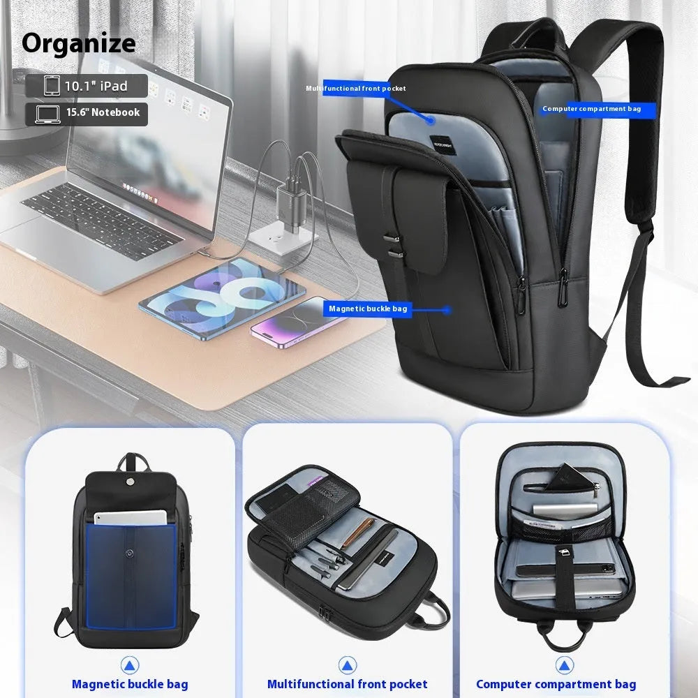 Black Oxford cloth backpack with sewing line detailing and urban style design