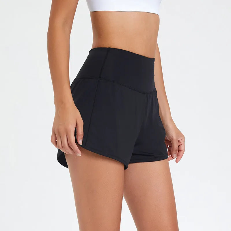 Nylon women's high-waist quick-drying fitness shorts in black, shown flat.