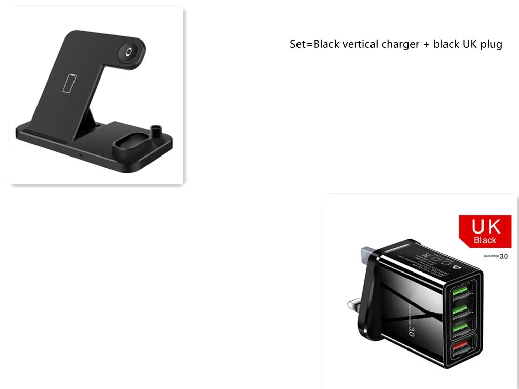 4-in-1 wireless charging station showing phone, Apple Watch, and AirPods charging on adjustable magnetic stand.