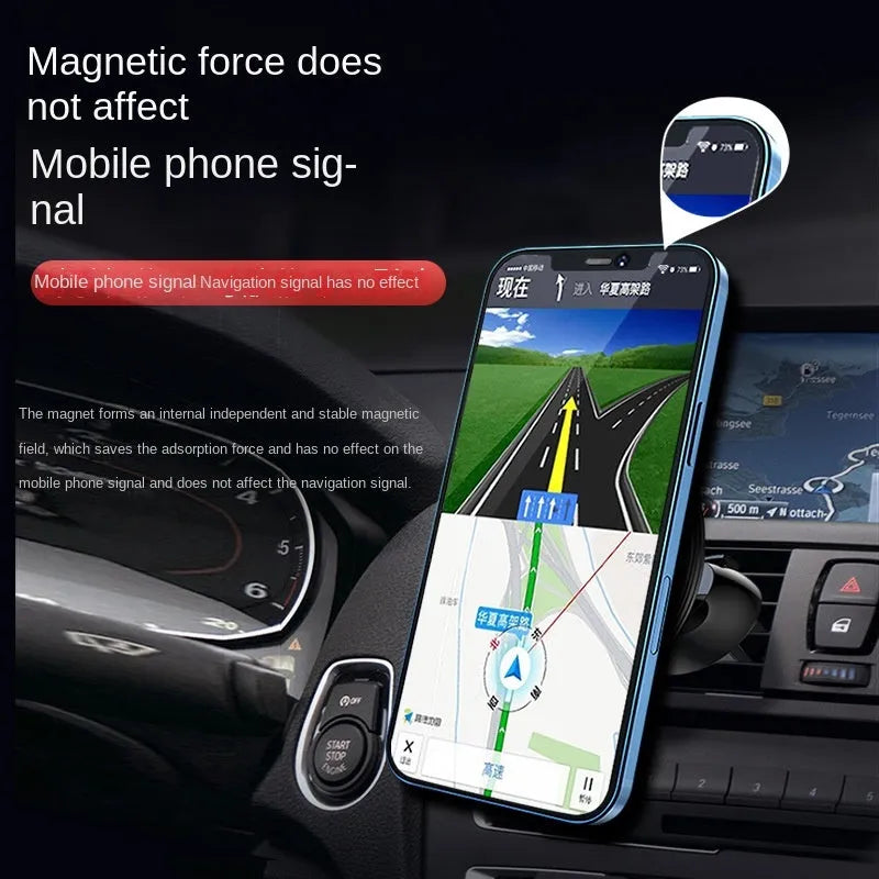 Black aluminium alloy magnetic phone holder attached to a car's circular air vent.