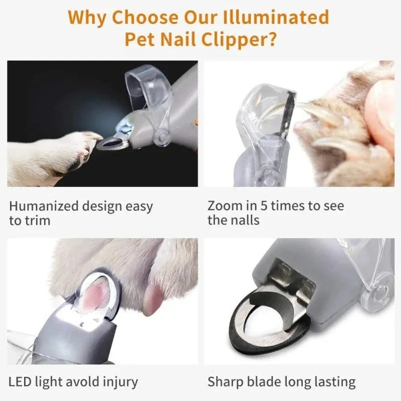 Yellow pet nail clipper with built-in LED light and magnifying lens for trimming dog and cat nails.
