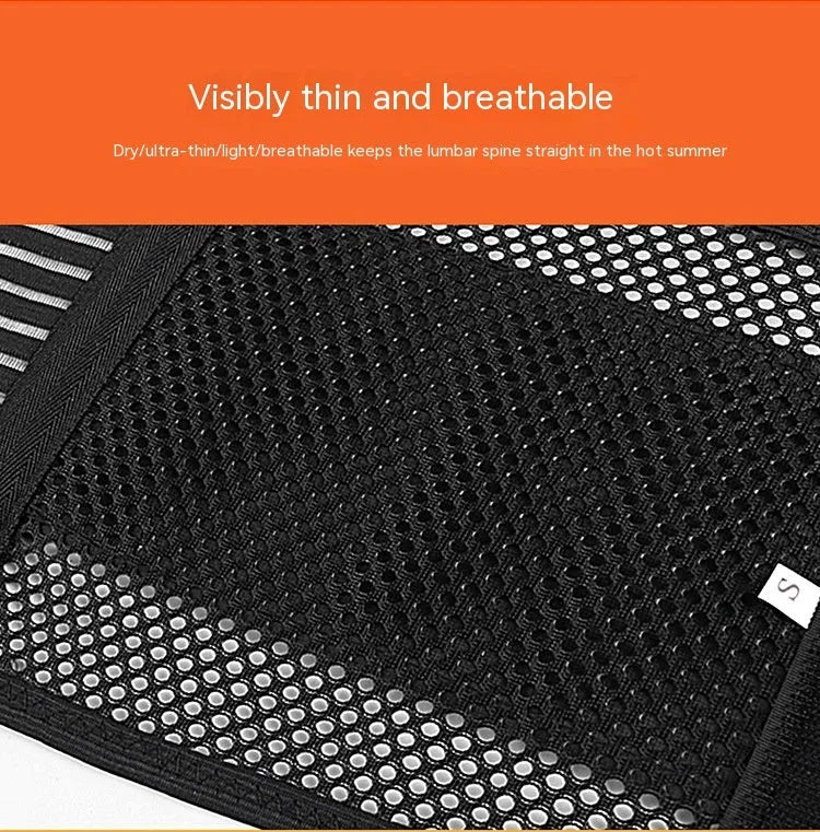 Black breathable sports waist support with steel plate for lumbar decompression.