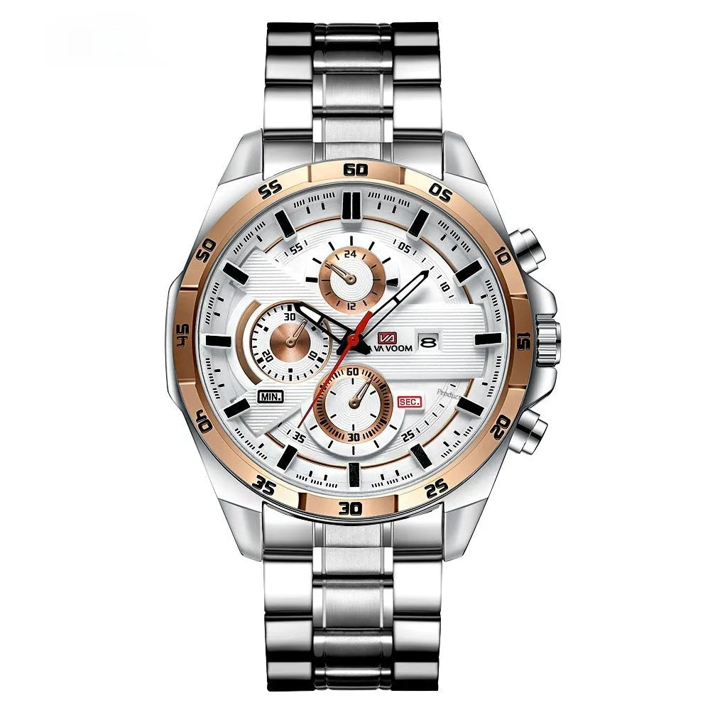 Men's waterproof calendar quartz watch with leather strap and metal case options