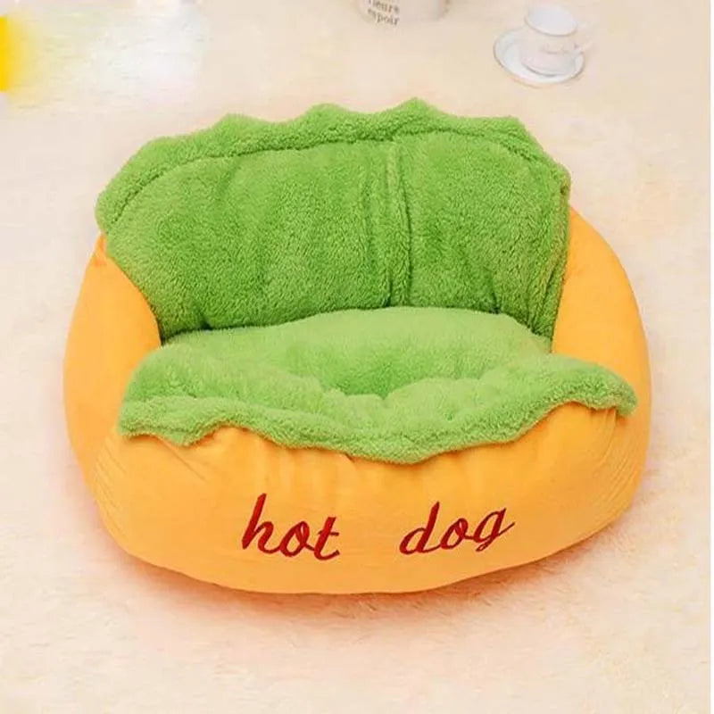 Soft flannelette hot dog bed for pets with removable cushion and anti-slip base in multiple sizes.