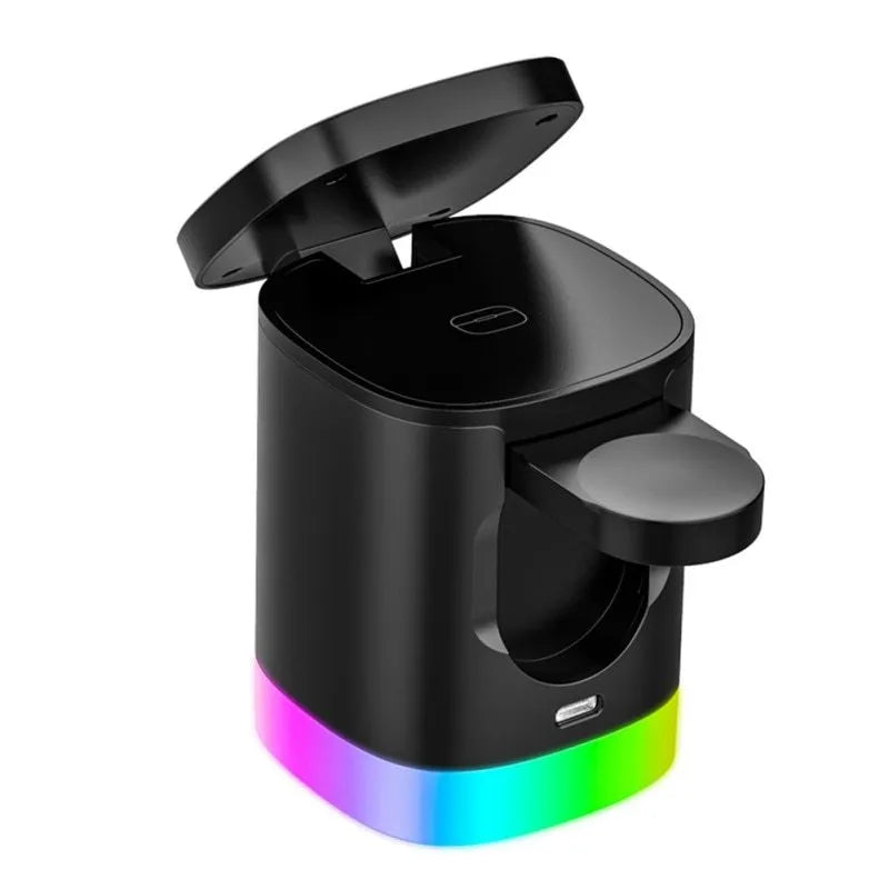 3 in 1 magnetic wireless fast charger cube with RGB ambient light, foldable design, black or white, USB outlet.