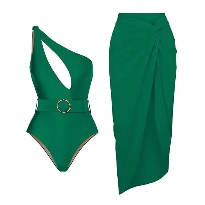 Women's one-piece swimsuit with a gauze skirt overlay in double shoulder and oblique shoulder styles.