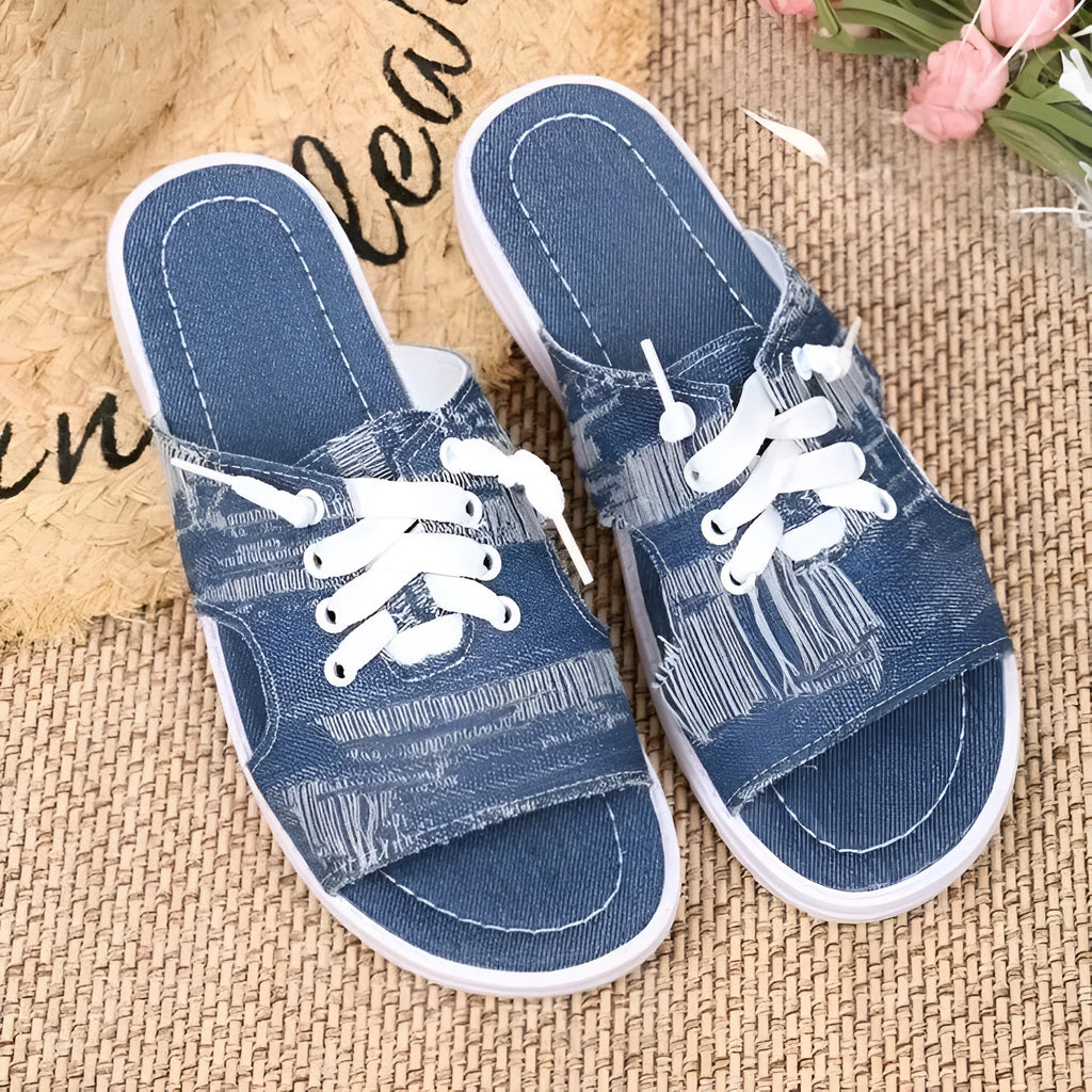 Blue Roman-style women's flat canvas slippers with cloth upper and rubber sole