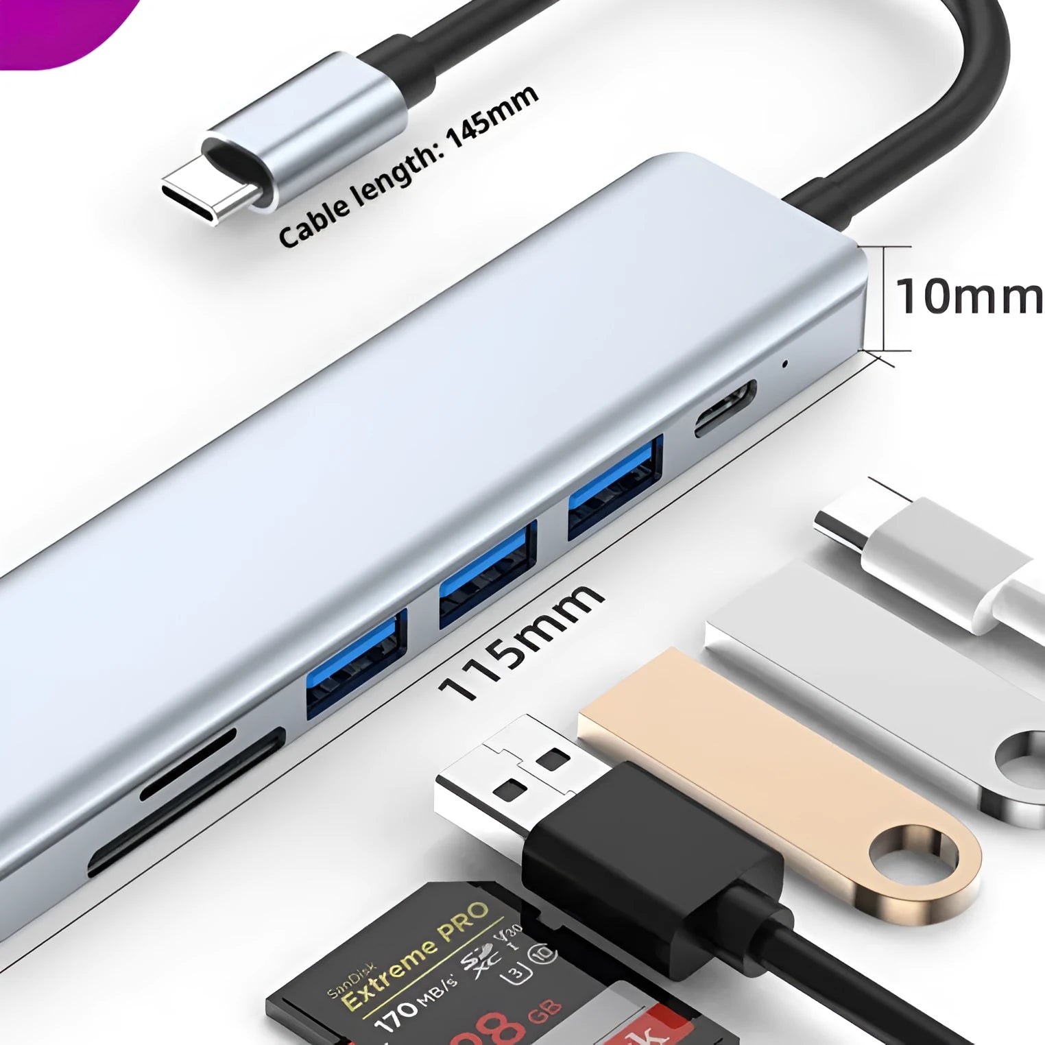 USB-C 7-in-1 hub expander with short cable, showing HDMI, VGA, and USB ports.